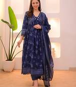 Floral printed v-neck empire anarkali mirror work kurta with trousers & dupatta