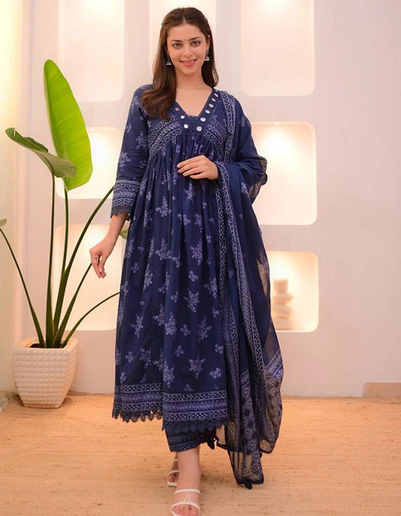 Floral printed v-neck empire anarkali mirror work kurta with trousers & dupatta