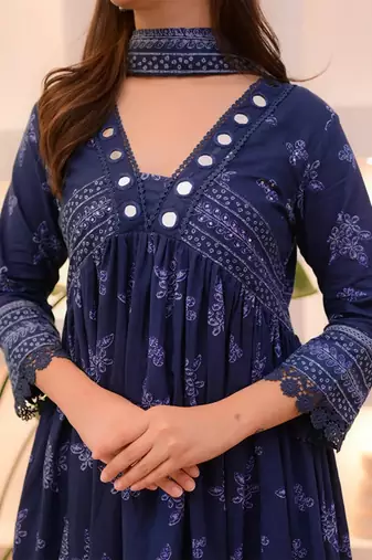 Floral printed v-neck empire anarkali mirror work kurta with trousers & dupatta