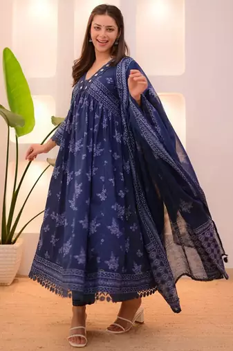 Floral printed v-neck empire anarkali mirror work kurta with trousers & dupatta