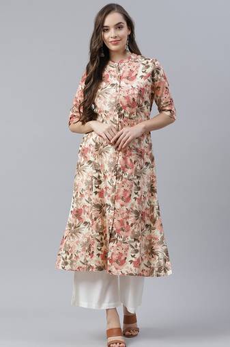 Cream & peach-coloured cotton floral print a-line kurta