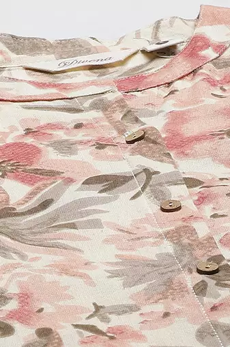 Cream & peach-coloured cotton floral print a-line kurta