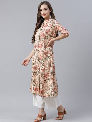 Cream & peach-coloured cotton floral print a-line kurta 3