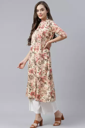 Cream & peach-coloured cotton floral print a-line kurta