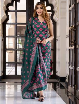 Floral printed v-neck pure cotton straight kurta with trousers & dupatta 1