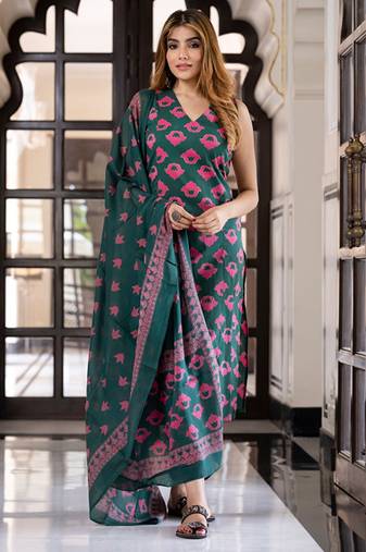 Floral printed v-neck pure cotton straight kurta with trousers & dupatta