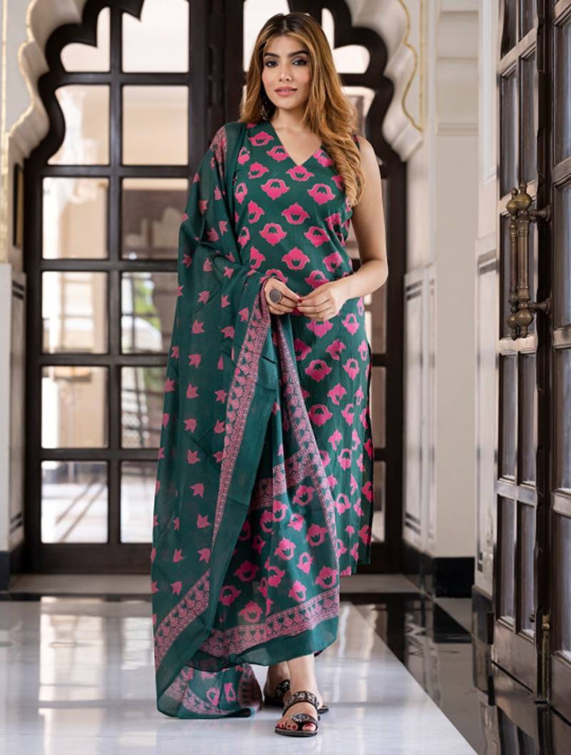 Floral printed v-neck pure cotton straight kurta with trousers & dupatta