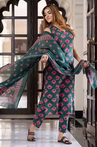 Floral printed v-neck pure cotton straight kurta with trousers & dupatta