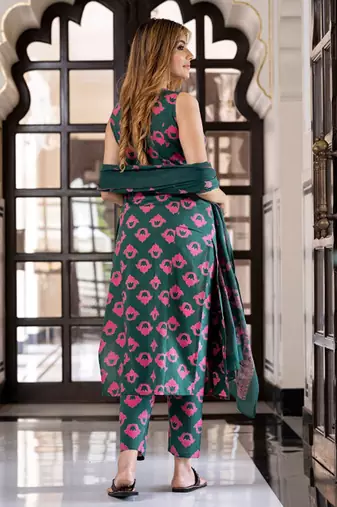 Floral printed v-neck pure cotton straight kurta with trousers & dupatta