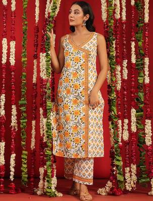 Floral printed v-neck straight pure cotton kurta with trousers 1