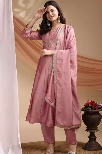 Embroidered round neck kurta & trousers with dupatta