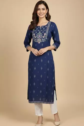 Embroidered round neck calf length straight kurta