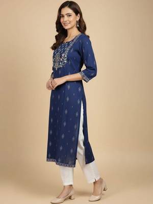Embroidered round neck calf length straight kurta 2