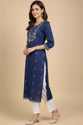 Embroidered round neck calf length straight kurta