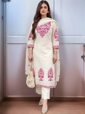 Ethnic motifs embroidered regular thread work kurta with trousers & with dupatta 1