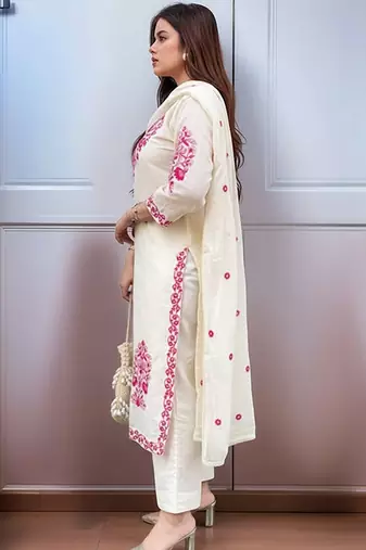 Ethnic motifs embroidered regular thread work kurta with trousers & with dupatta