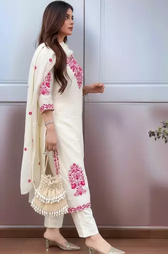 Ethnic motifs embroidered regular thread work kurta with trousers & with dupatta