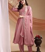 Embroidered v-neck kurta & trousers with dupatta