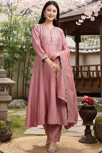 Embroidered v-neck kurta & trousers with dupatta