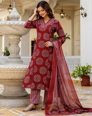 Printed regular mirror work pure cotton kurta with palazzos & with dupatta 1