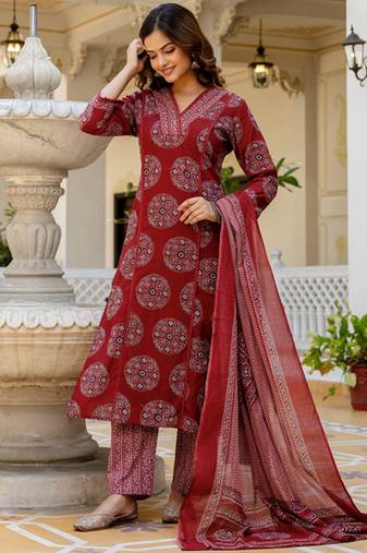 Printed regular mirror work pure cotton kurta with palazzos & with dupatta