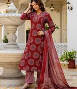 Printed regular mirror work pure cotton kurta with palazzos & with dupatta