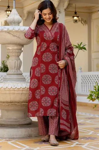 Printed regular mirror work pure cotton kurta with palazzos & with dupatta