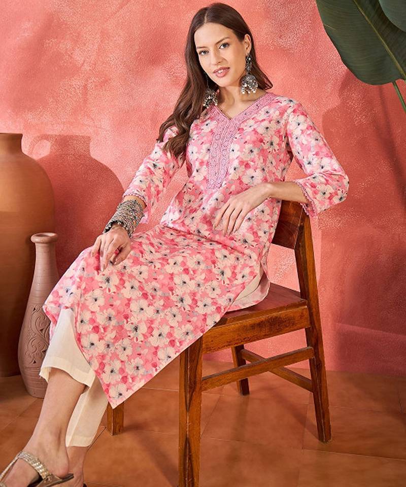 Floral printed v-neck straight kurta