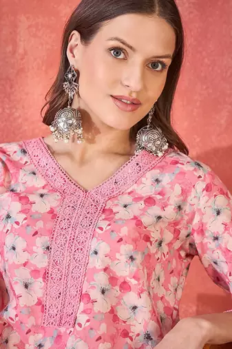 Floral printed v-neck straight kurta