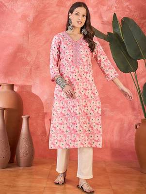 Floral printed v-neck straight kurta 3