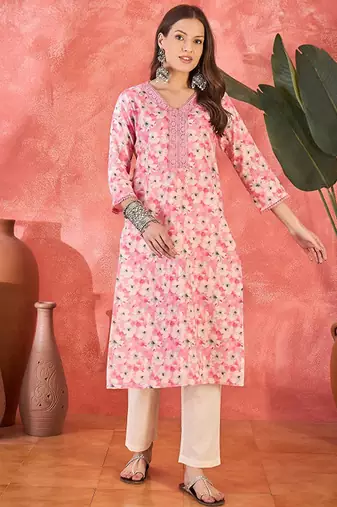 Floral printed v-neck straight kurta