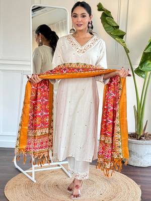Ethnic motifs embroidered pure cotton kurta with trousers & dupatta 1
