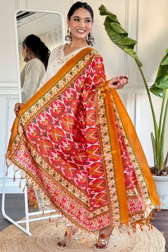 Ethnic motifs embroidered pure cotton kurta with trousers & dupatta