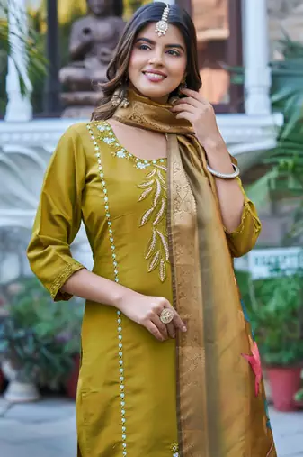 Embroidered regular beads and stones kurta with trousers & with dupatta