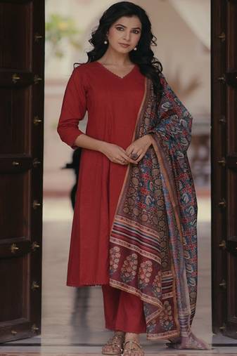 Panelled pure cotton kurta with trousers & with dupatta