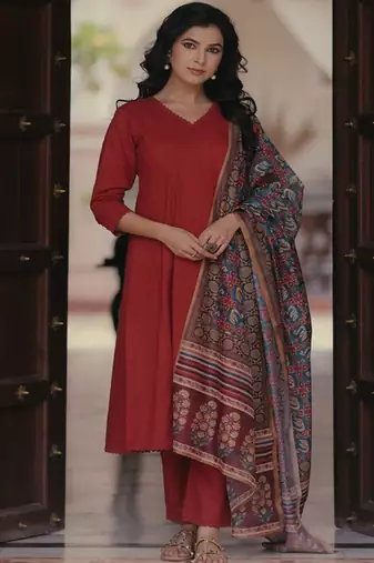 Panelled pure cotton kurta with trousers & with dupatta