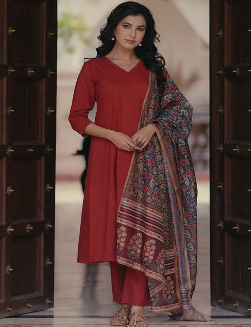 Panelled pure cotton kurta with trousers & with dupatta