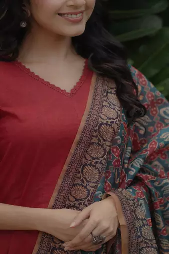 Panelled pure cotton kurta with trousers & with dupatta