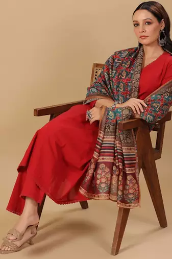 Panelled pure cotton kurta with trousers & with dupatta