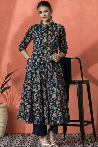 Floral printed mandarin collar panelled pure cotton a-line kurta
