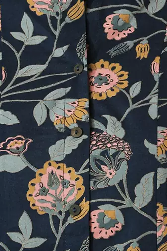 Floral printed mandarin collar panelled pure cotton a-line kurta