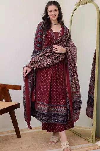 Floral printed square neck anarkali kurta with palazzos & dupatta