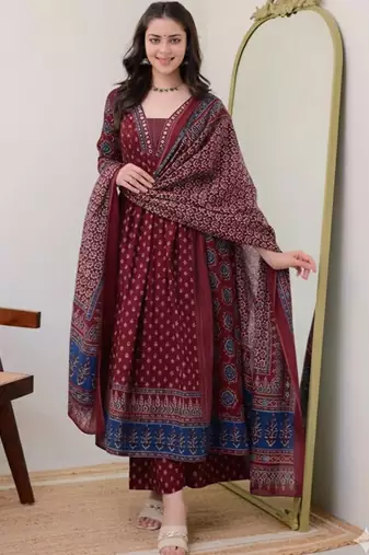 Floral printed square neck anarkali kurta with palazzos & dupatta