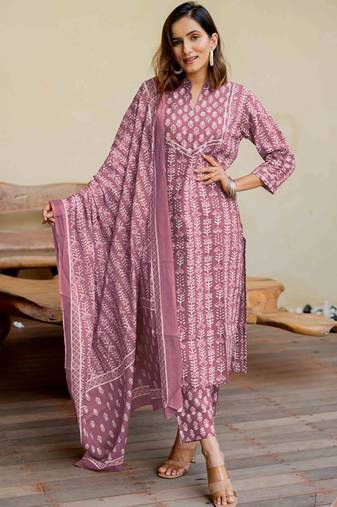 Ethnic motifs printed regular mirror work pure cotton kurta with trousers & with dupatta