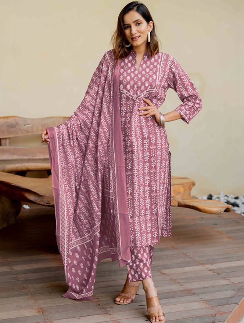 Ethnic motifs printed regular mirror work pure cotton kurta with trousers & with dupatta