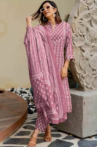 Ethnic motifs printed regular mirror work pure cotton kurta with trousers & with dupatta
