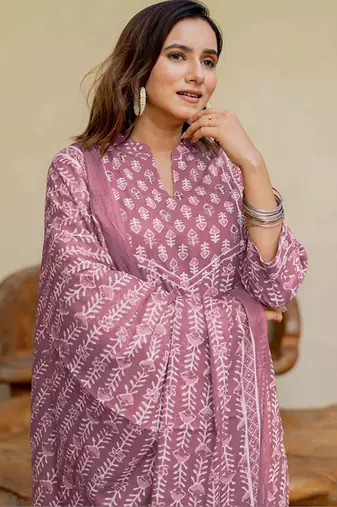 Ethnic motifs printed regular mirror work pure cotton kurta with trousers & with dupatta