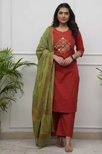 Beautiful jaipuri rust straight embroidered kurta set with pants and a dupatta.