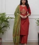 Beautiful jaipuri rust straight embroidered kurta set with pants and a dupatta.
