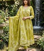 Beautiful jaipuri an anarkali neon mehandi green kurti set of mul cotton.